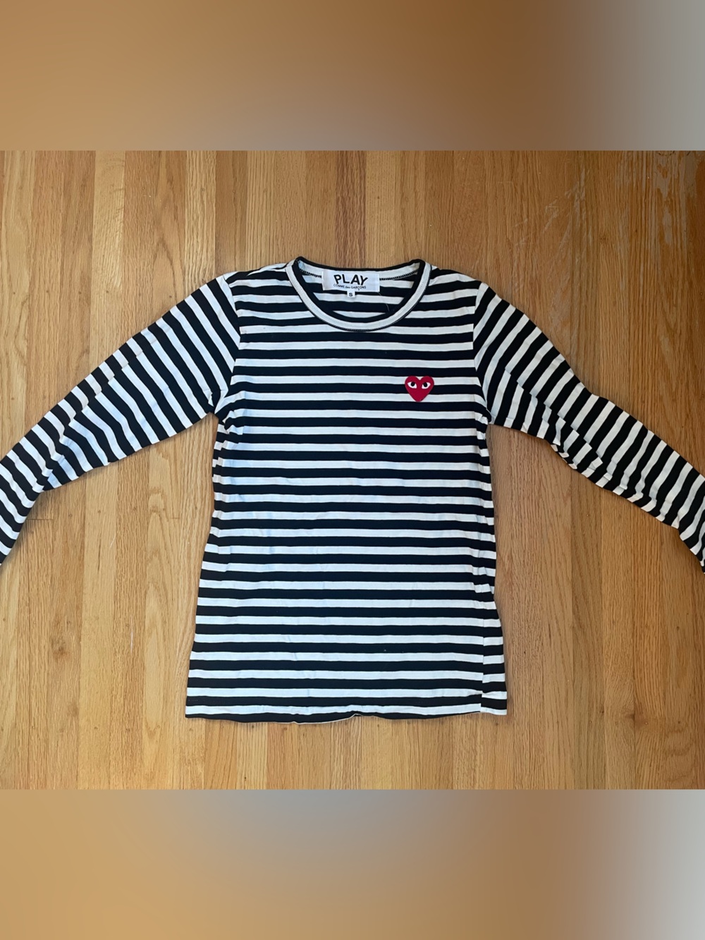Comme des Garcons PLAY Black & White Striped Long-Sleeve Tee with Red Heart